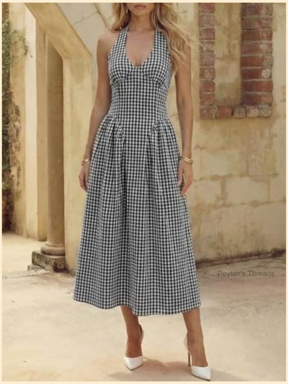 Halter V Neck Corset Maxi Dress Plaid Smocked Tie Back Backless Drop Waist - Picture 2 of 7